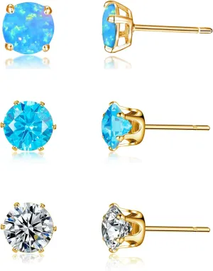 3 Pairs Stud Earrings Set, 14k Gold Plated Opal Studs Hypoallergenic Stainless Steel Cubic Zircon Stud Earrings CZ Diamond Earrings for Women Men for Sensitive Ears