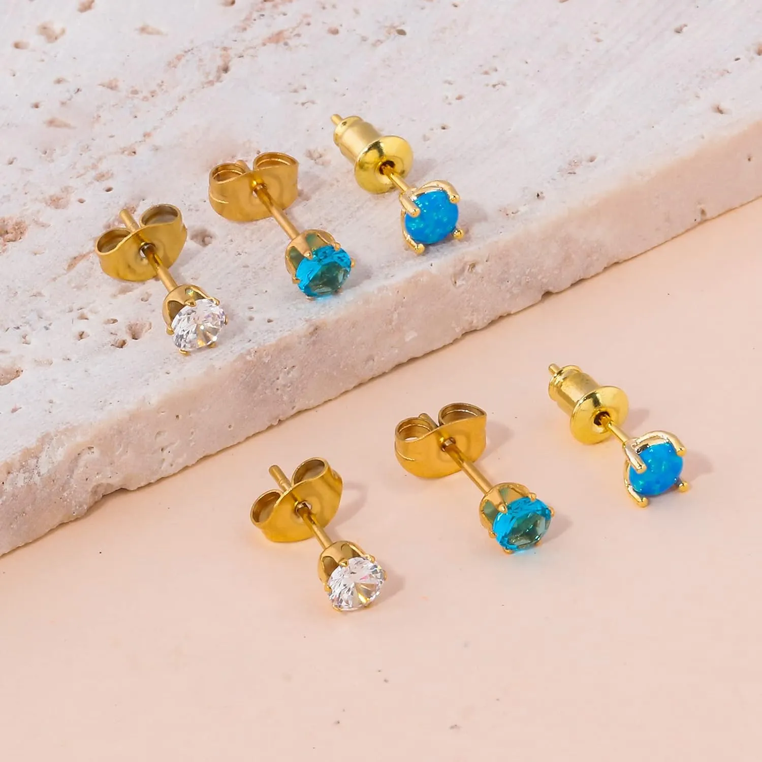 3 Pairs Stud Earrings Set, 14k Gold Plated Opal Studs Hypoallergenic Stainless Steel Cubic Zircon Stud Earrings CZ Diamond Earrings for Women Men for Sensitive Ears