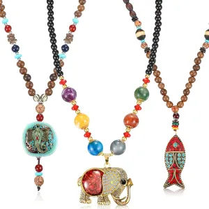 3 Pcs Boho Long Pendant Necklaces for Women Boho Long Wooden Beaded Necklace Handmade Turquoise Fish Elephant Necklace Jewelry with Storage Bag for Women