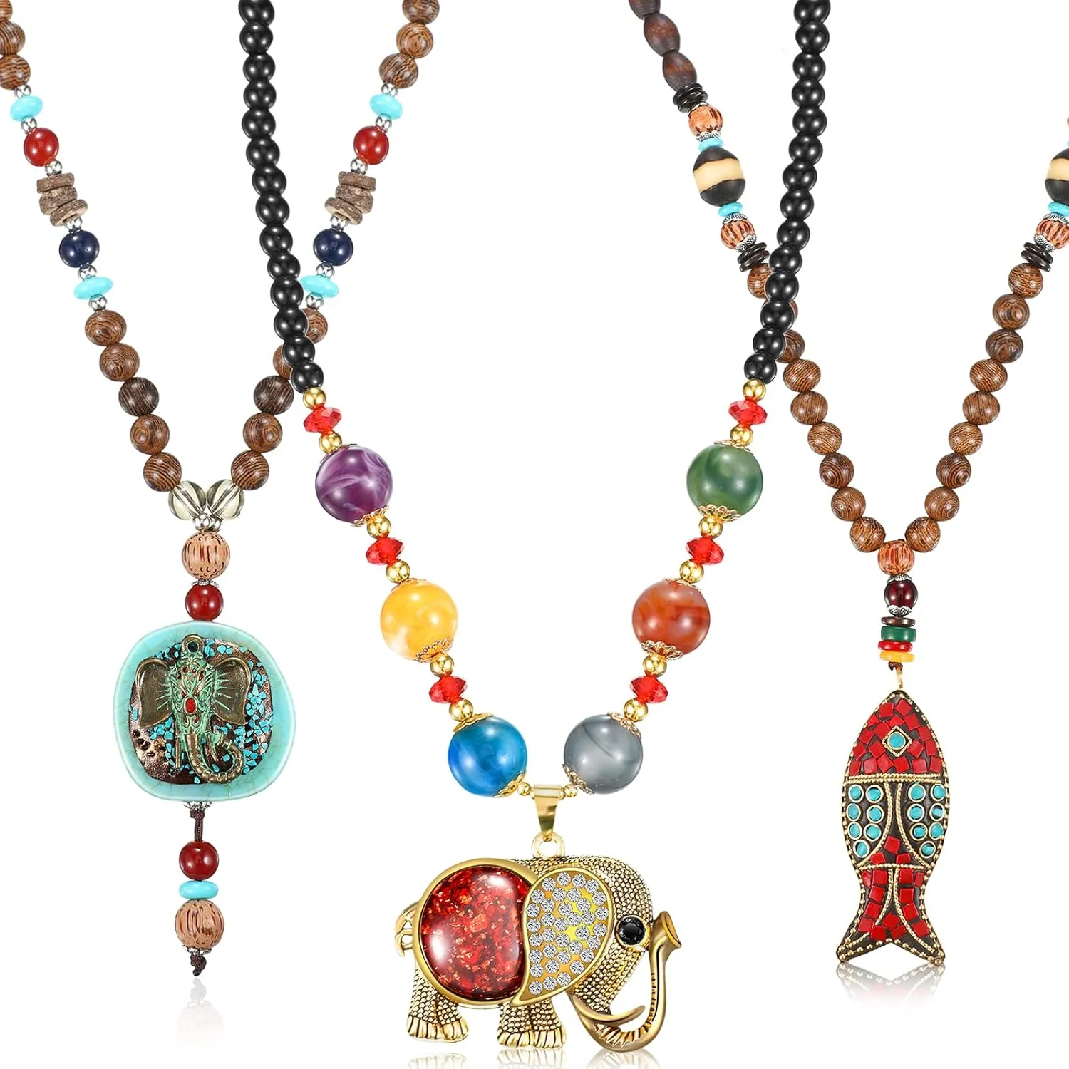 3 Pcs Boho Long Pendant Necklaces for Women Boho Long Wooden Beaded Necklace Handmade Turquoise Fish Elephant Necklace Jewelry with Storage Bag for Women