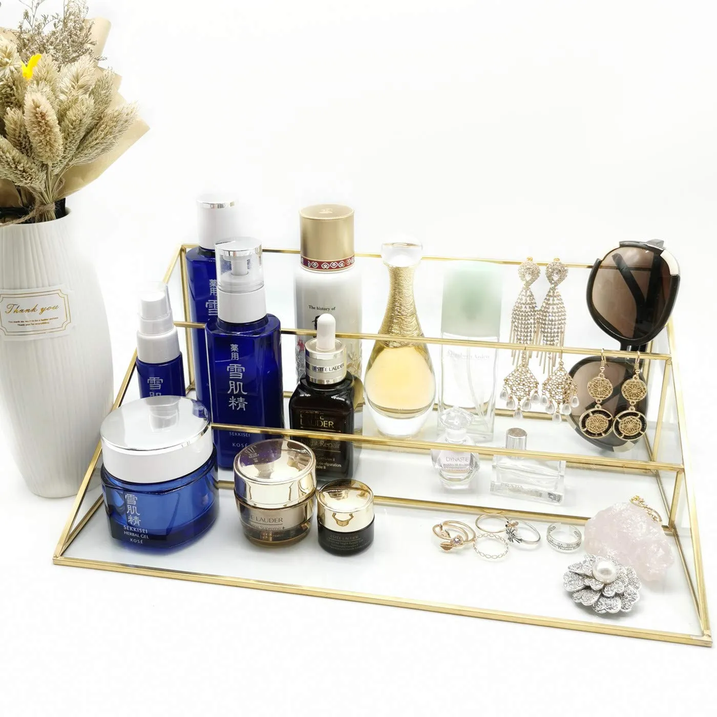 3-Tier Glass Triangular Prism Shaped Jewelry Stand, Home or Retail Display Showcase with Vintage Style Brass Tone Metal Frame (Large)