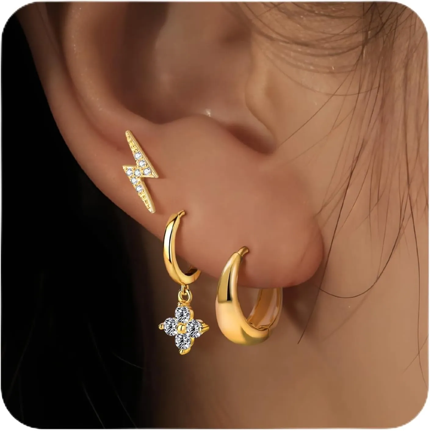 3Pairs Gold Hoops Earrings for Women 18k Gold Plated Lightweight Huggie Hoop Earrings Hypoallergenic Stacking Earrings for Multiple Piercing Gold Jewelry for Women