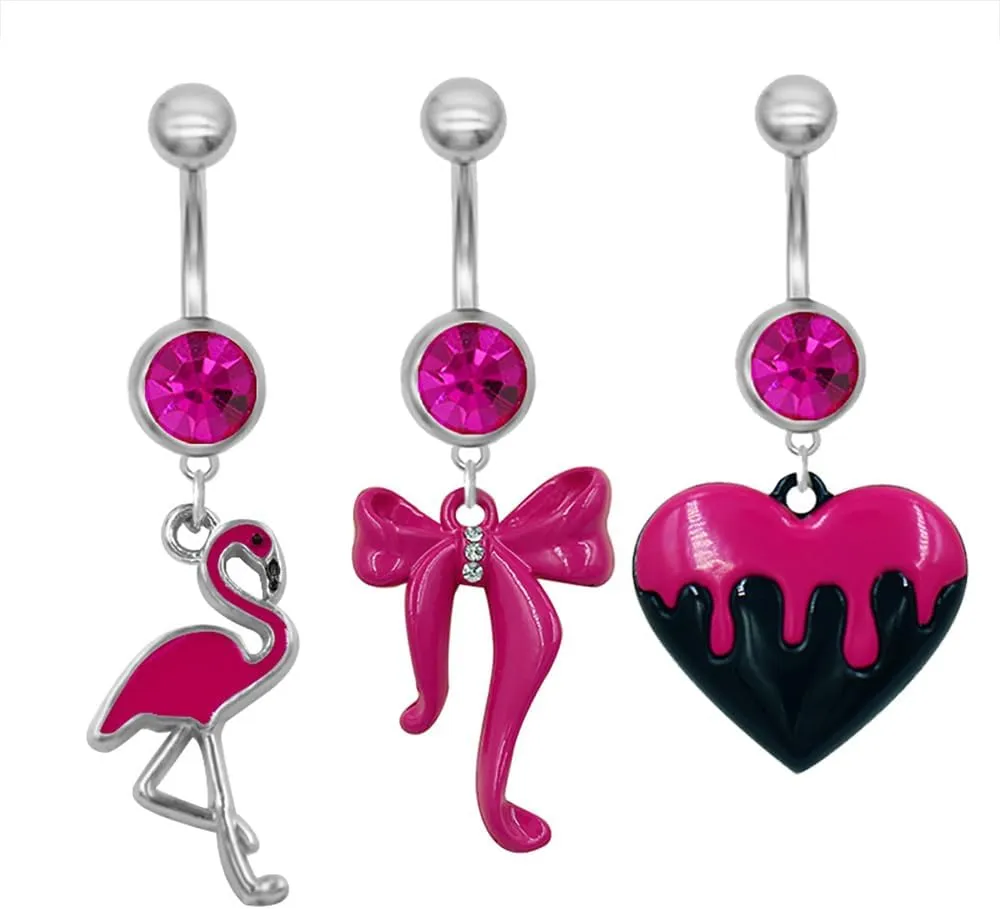 3Pcs 14G Pink Dangle Belly Button Rings for Women Stainless Steel Flamingo Bowknot Heart Belly Navel Rings Belly Curved Barbell Body Piercing Jewelry