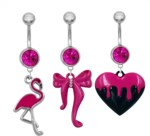 3Pcs 14G Pink Dangle Belly Button Rings for Women Stainless Steel Flamingo Bowknot Heart Belly Navel Rings Belly Curved Barbell Body Piercing Jewelry