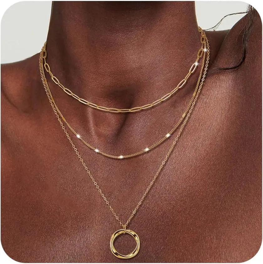 3Pcs Layered Necklace for Women Stackable Necklaces Silver Rosegold Gold Plated Chain Dainty Set Gifts Circle Pendant Paperclip Chain Choker Necklaces Trendy Personalized Jewelry Set Gifts for Women