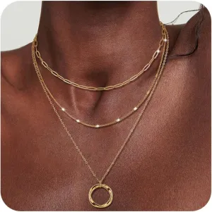 3Pcs Layered Necklace for Women Stackable Necklaces Silver Rosegold Gold Plated Chain Dainty Set Gifts Circle Pendant Paperclip Chain Choker Necklaces Trendy Personalized Jewelry Set Gifts for Women