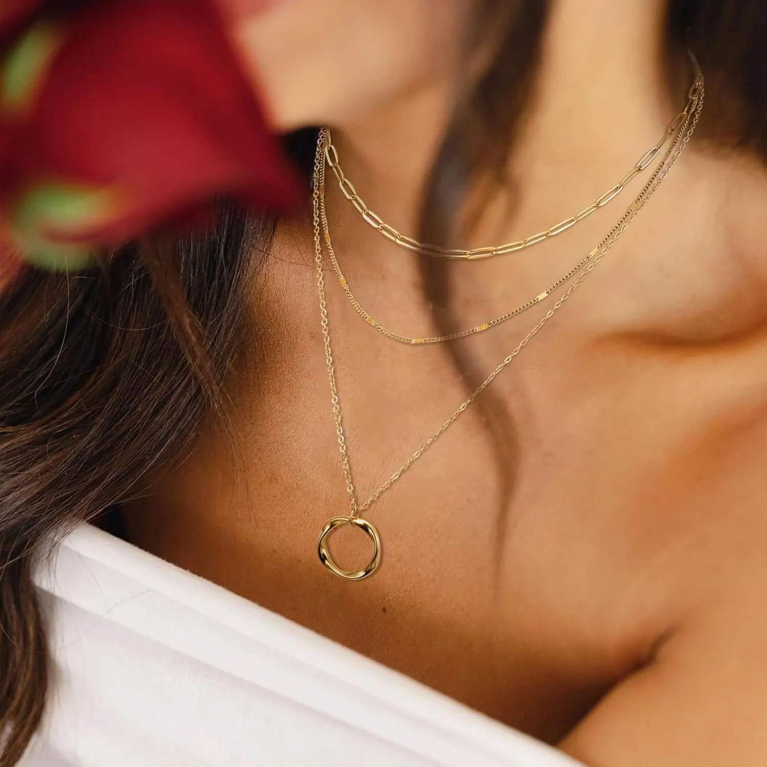 3Pcs Layered Necklace for Women Stackable Necklaces Silver Rosegold Gold Plated Chain Dainty Set Gifts Circle Pendant Paperclip Chain Choker Necklaces Trendy Personalized Jewelry Set Gifts for Women