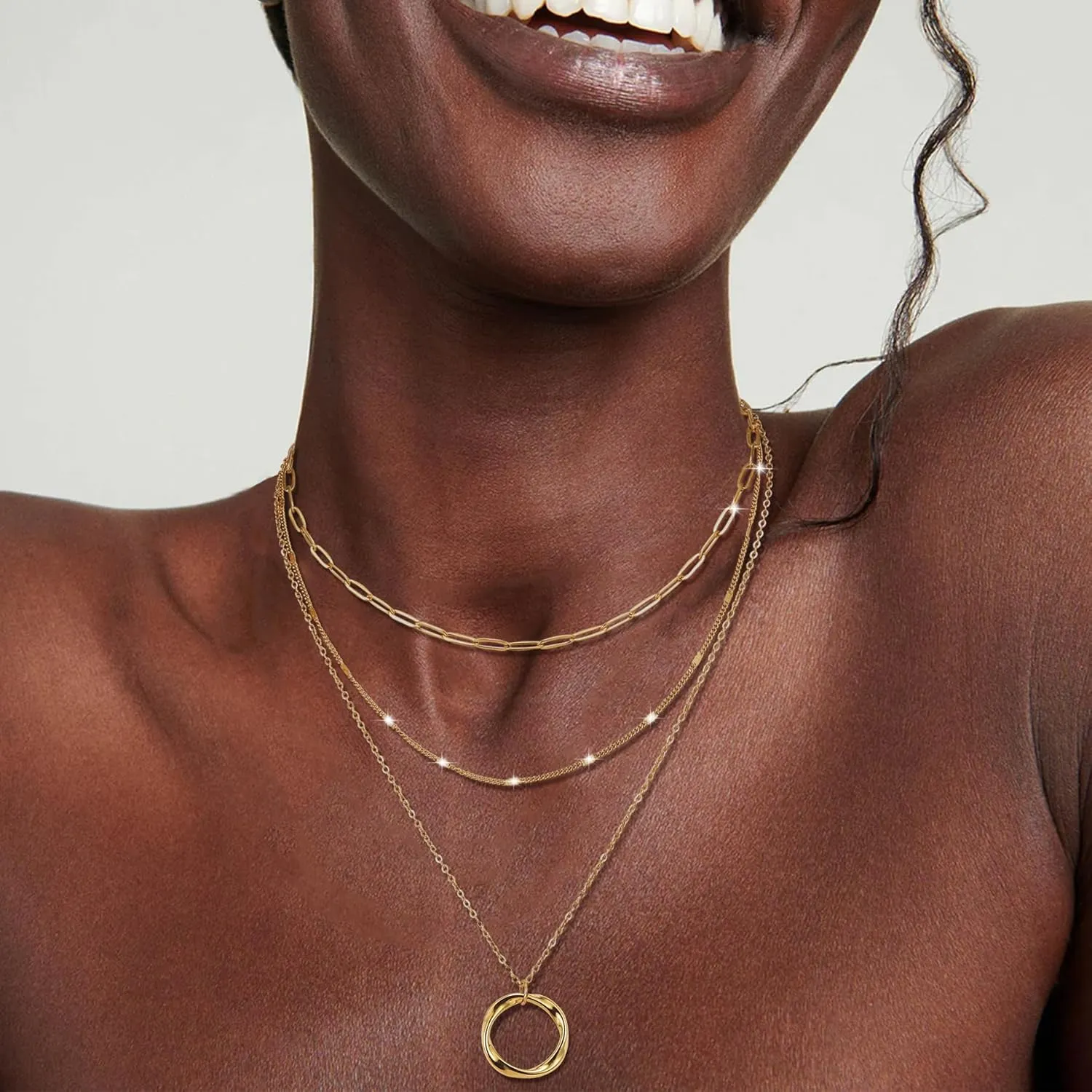 3Pcs Layered Necklace for Women Stackable Necklaces Silver Rosegold Gold Plated Chain Dainty Set Gifts Circle Pendant Paperclip Chain Choker Necklaces Trendy Personalized Jewelry Set Gifts for Women