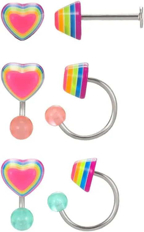 3PS 16G Star/Heart Body Piercing Jewelry Cute Colorful Nose Rings and Lip Rings Set Neon Labret Stud Piercing Jewelry