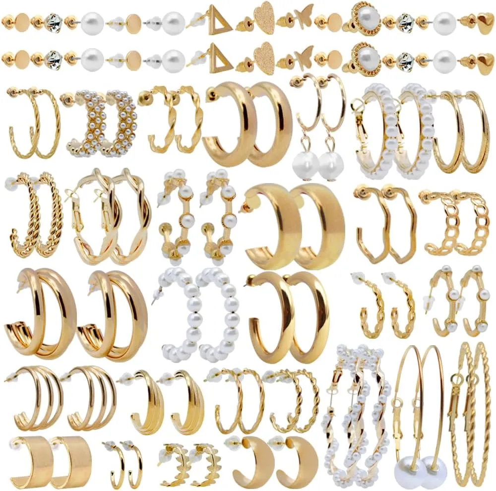 42 Pairs Gold Hoop Earrings Set for Women, DaKuan Pearl Pendant Earrings, Multipack Fashion Hoop Earrings Bag Suitable for All Kinds of Parties