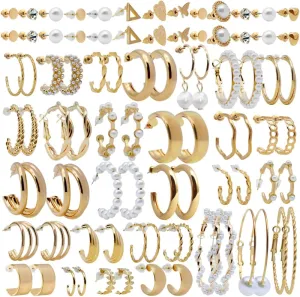 42 Pairs Gold Hoop Earrings Set for Women, DaKuan Pearl Pendant Earrings, Multipack Fashion Hoop Earrings Bag Suitable for All Kinds of Parties