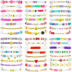 48 Pcs Surfer Heishi Bracelets Clay Beaded Bracelet Stackable Rainbow Friendship Preppy Bracelets Beach Summer Jewelry for Women