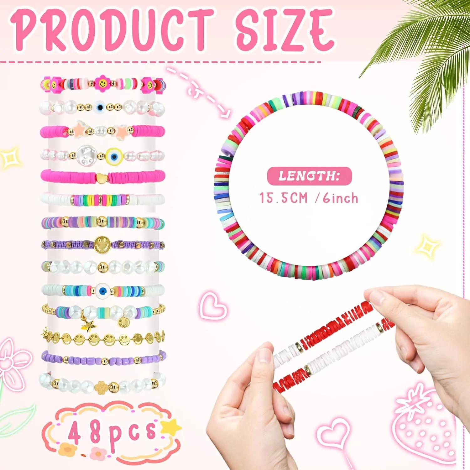 48 Pcs Surfer Heishi Bracelets Clay Beaded Bracelet Stackable Rainbow Friendship Preppy Bracelets Beach Summer Jewelry for Women