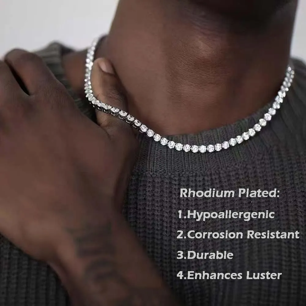 4mm Tennis Necklace for Women - 18K White Gold Plated Hypoallergenic, Round 5A Cubic Zirconia Faux Diamond Tennis Chain, 16/18/20/22 Inch for Men and Women