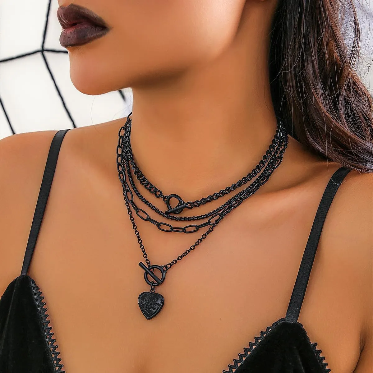 4Pac Black Layered Necklace Chunky Choker Necklace Trendy Star Pendant Multilayer Coin Link Chain Necklaces Punk Hip Hop Cool Heart Necklaces Adjustable Gold Layered Necklace Set for Men and Women