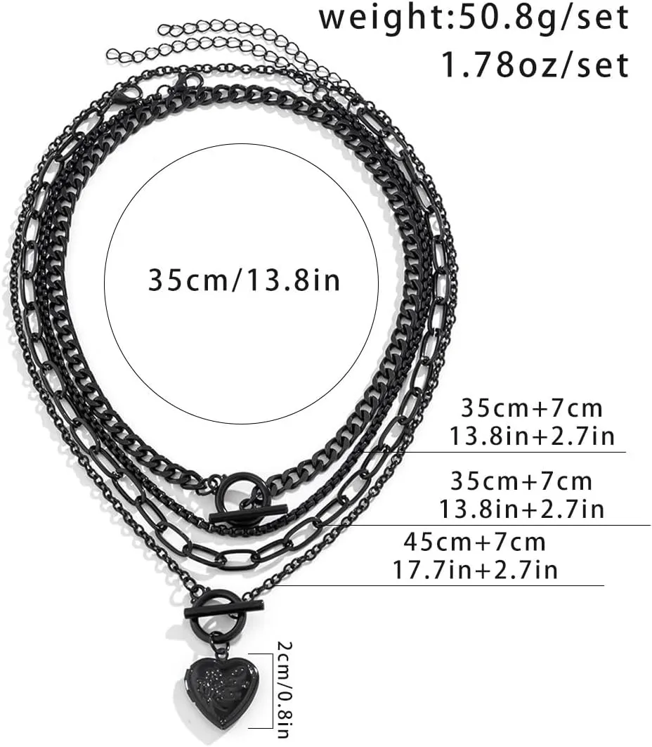 4Pac Black Layered Necklace Chunky Choker Necklace Trendy Star Pendant Multilayer Coin Link Chain Necklaces Punk Hip Hop Cool Heart Necklaces Adjustable Gold Layered Necklace Set for Men and Women