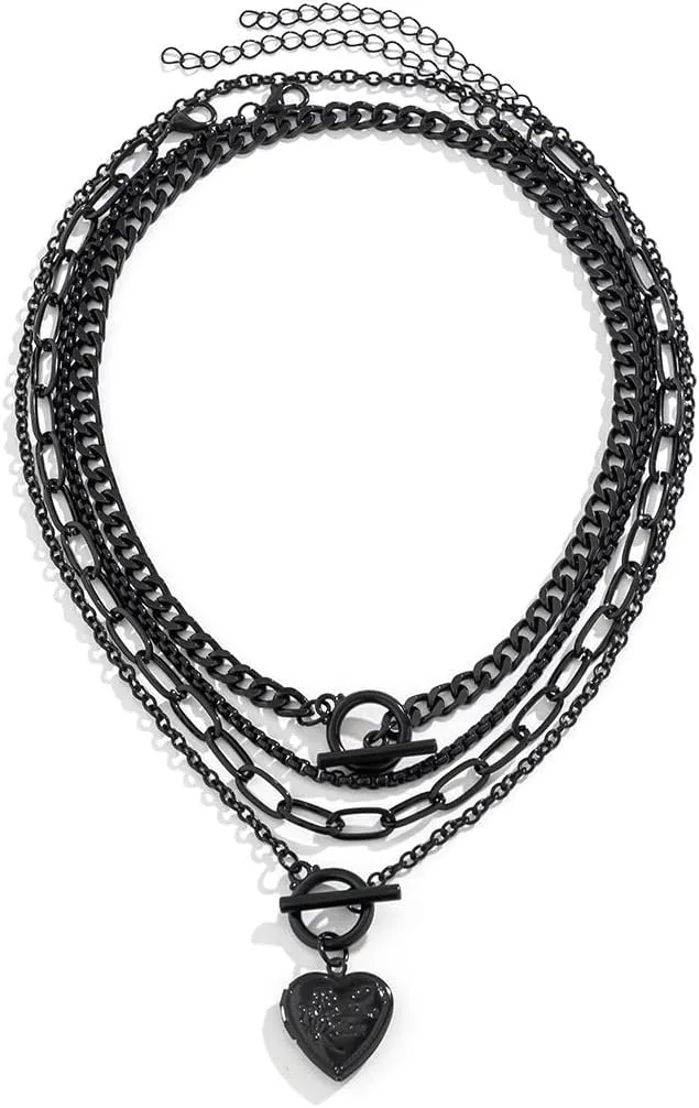 4Pac Black Layered Necklace Chunky Choker Necklace Trendy Star Pendant Multilayer Coin Link Chain Necklaces Punk Hip Hop Cool Heart Necklaces Adjustable Gold Layered Necklace Set for Men and Women