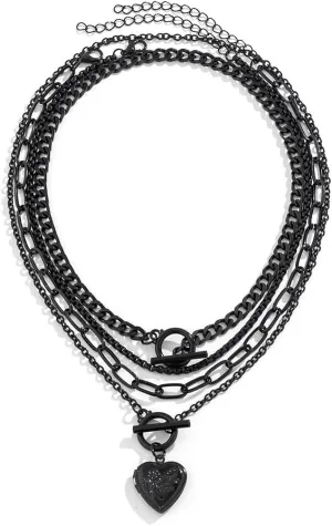4Pac Black Layered Necklace Chunky Choker Necklace Trendy Star Pendant Multilayer Coin Link Chain Necklaces Punk Hip Hop Cool Heart Necklaces Adjustable Gold Layered Necklace Set for Men and Women