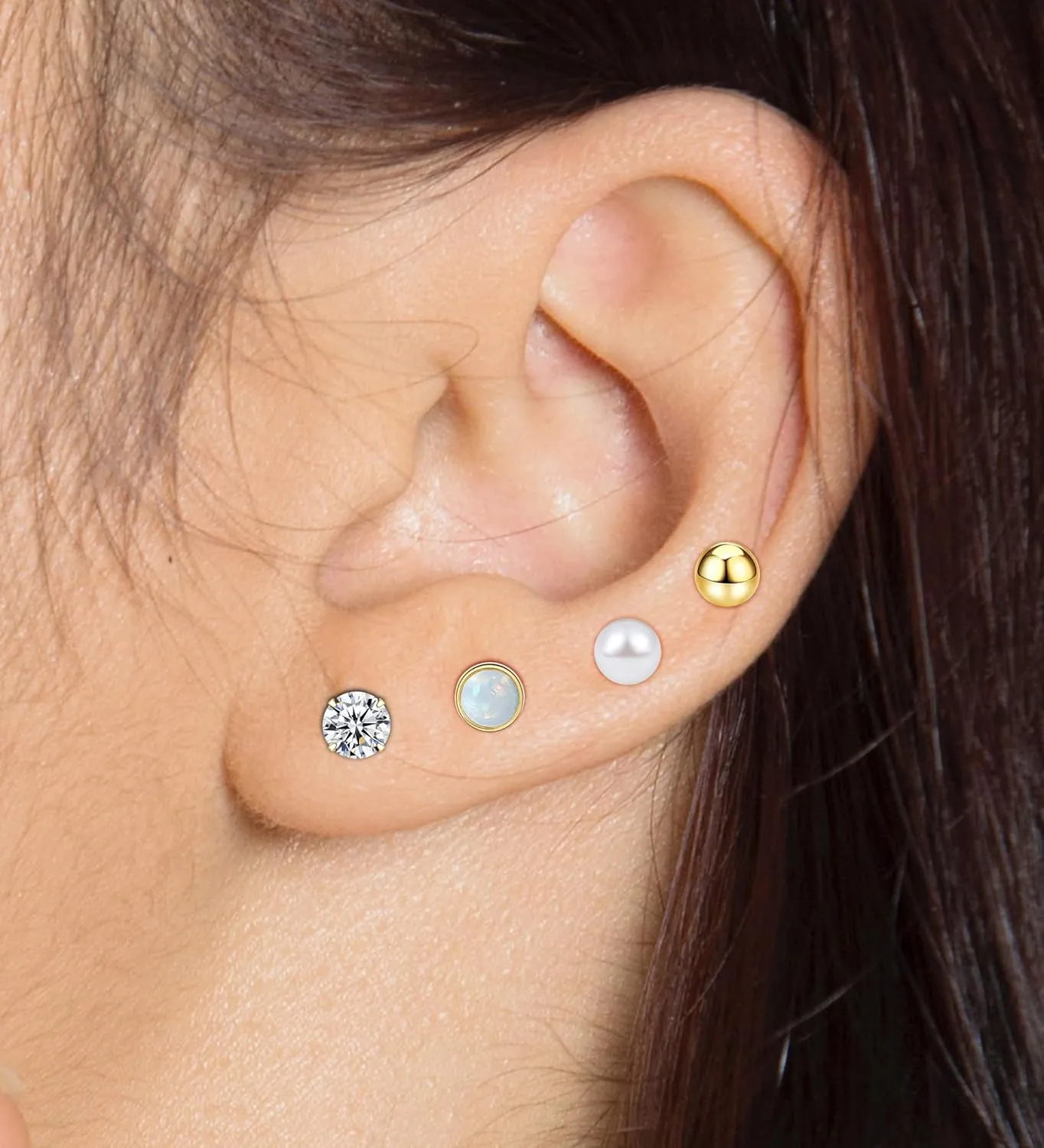 4Pairs Flat Back Earrings for Women 14K Gold Hypoallergenic Cartilage Earring for Sensitive Skin CZ Opal Heart Star Ball Screw Back Nap Earrings for Helix Piercing Gold StyleA