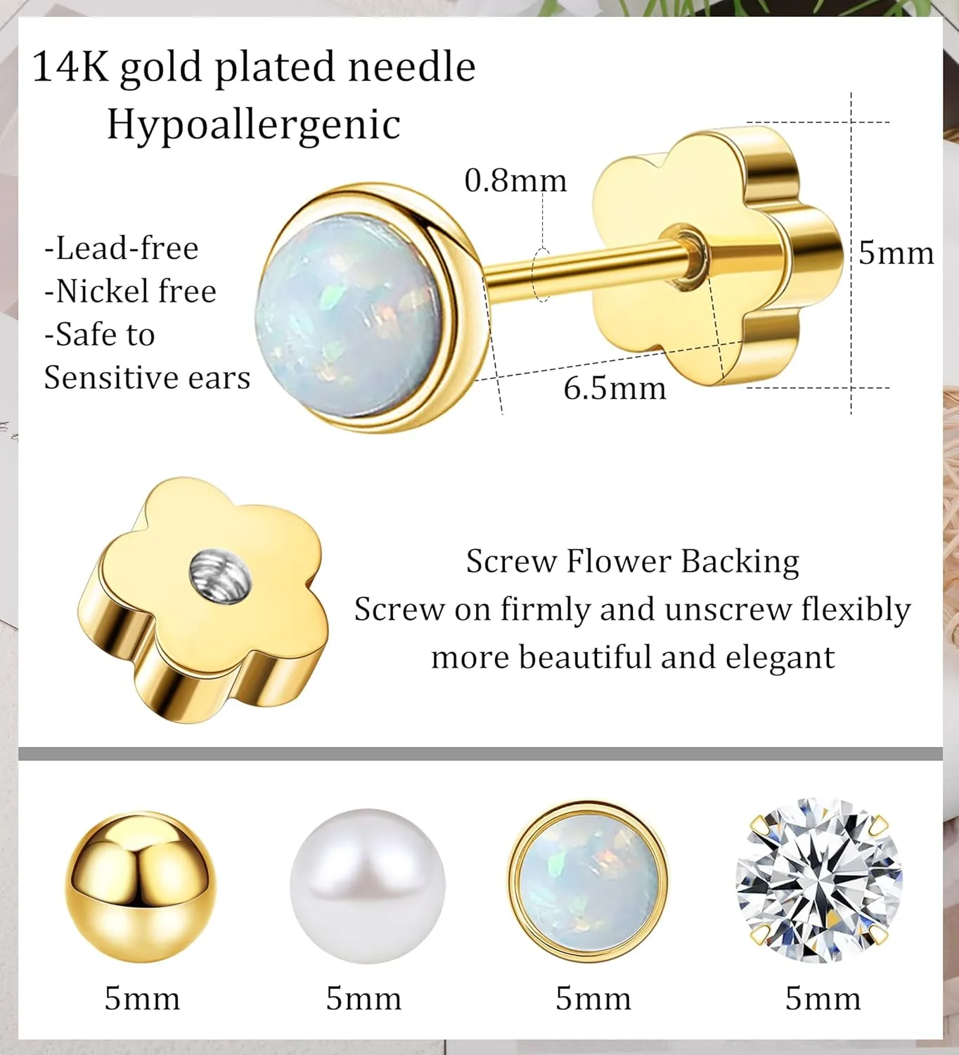 4Pairs Flat Back Earrings for Women 14K Gold Hypoallergenic Cartilage Earring for Sensitive Skin CZ Opal Heart Star Ball Screw Back Nap Earrings for Helix Piercing Gold StyleA