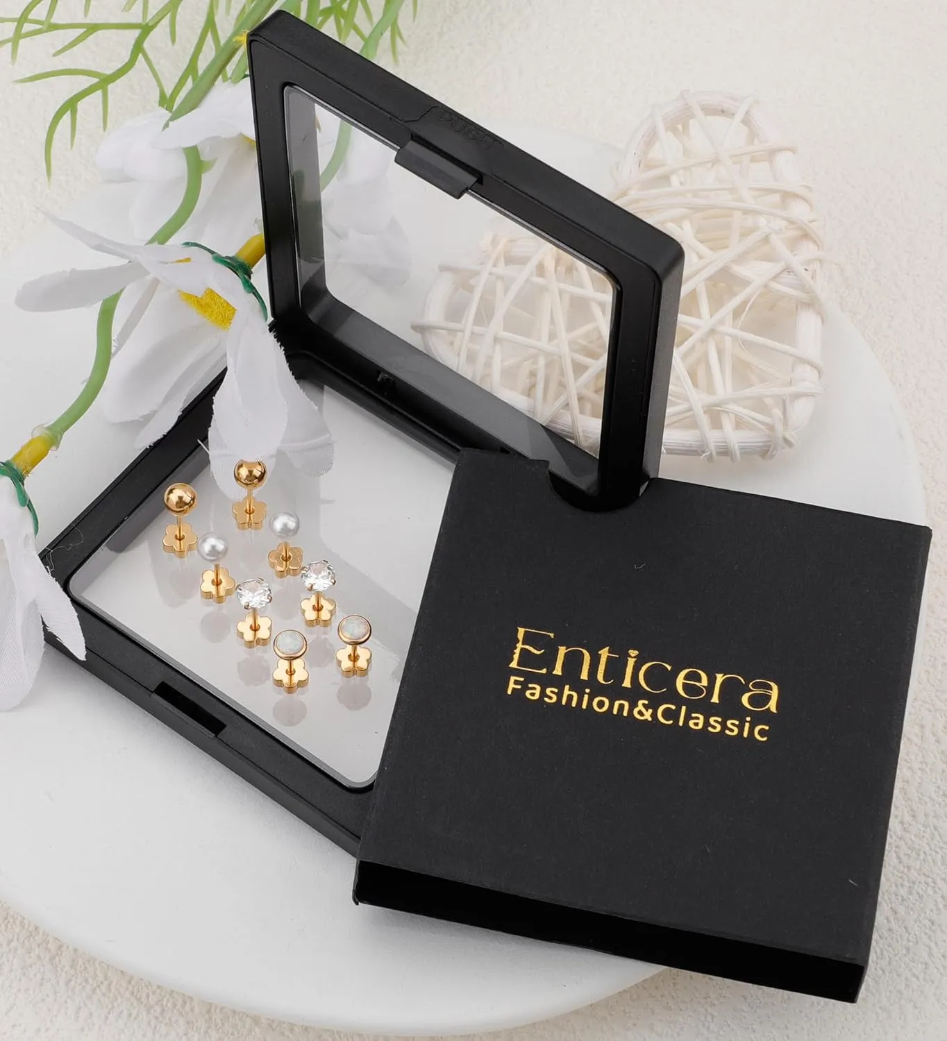 4Pairs Flat Back Earrings for Women 14K Gold Hypoallergenic Cartilage Earring for Sensitive Skin CZ Opal Heart Star Ball Screw Back Nap Earrings for Helix Piercing Gold StyleA