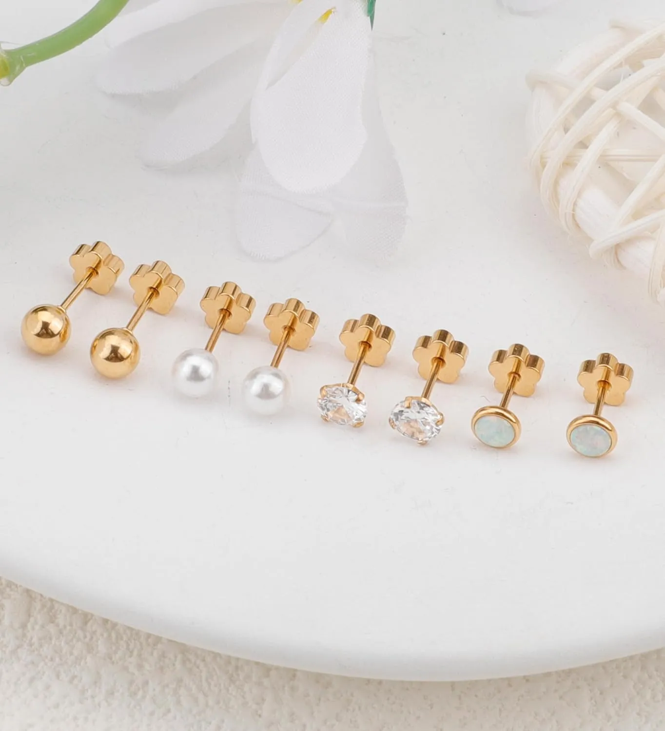 4Pairs Flat Back Earrings for Women 14K Gold Hypoallergenic Cartilage Earring for Sensitive Skin CZ Opal Heart Star Ball Screw Back Nap Earrings for Helix Piercing Gold StyleA