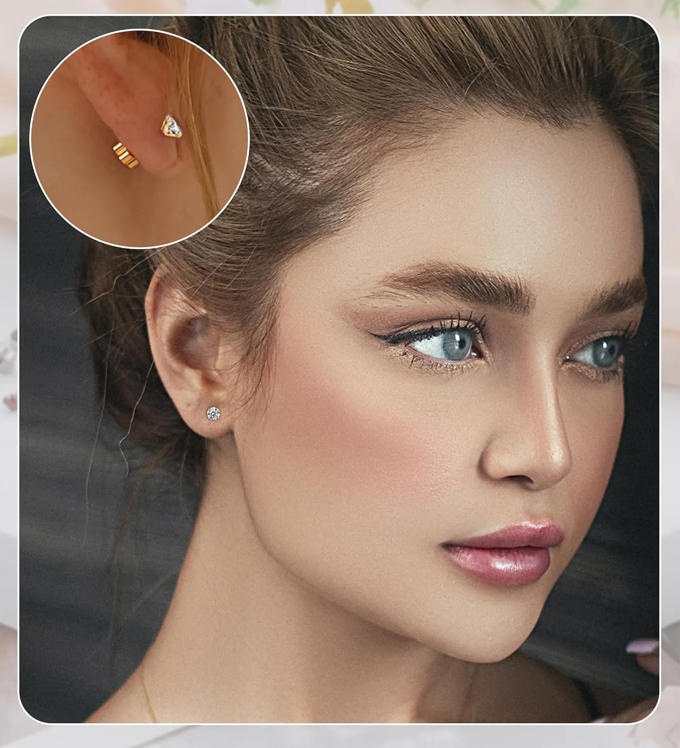 4Pairs Flat Back Earrings for Women 14K Gold Hypoallergenic Cartilage Earring for Sensitive Skin CZ Opal Heart Star Ball Screw Back Nap Earrings for Helix Piercing Gold StyleA