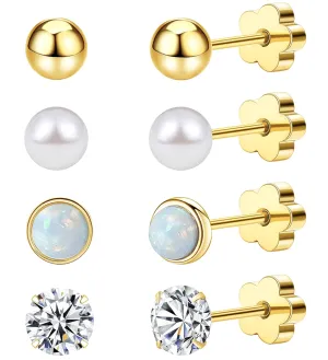4Pairs Flat Back Earrings for Women 14K Gold Hypoallergenic Cartilage Earring for Sensitive Skin CZ Opal Heart Star Ball Screw Back Nap Earrings for Helix Piercing Gold StyleA