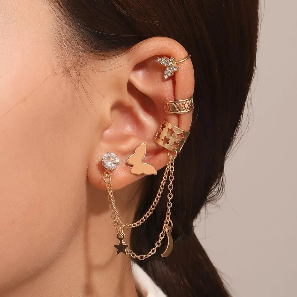 4Pcs Ear Cuff Earrings Set for Teens,14K Gold Non Piercing Crystal Butterfly Star Moon Stuff Ear Cuffs Clip On Earrings Dainty Cartilage Jewelry Gifts