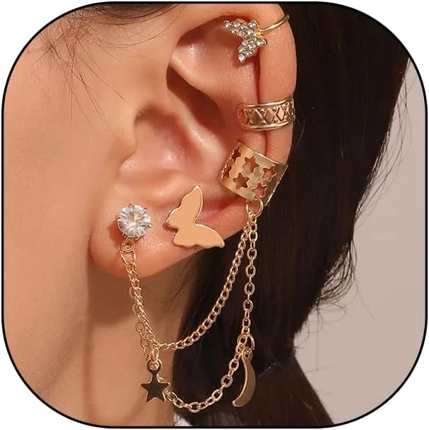 4Pcs Ear Cuff Earrings Set for Teens,14K Gold Non Piercing Crystal Butterfly Star Moon Stuff Ear Cuffs Clip On Earrings Dainty Cartilage Jewelry Gifts