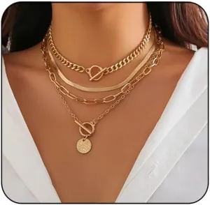 4pcs Layered Gold Necklaces Stack for Women Retro Coin Stars Medallion Pendant Necklaces Herringbone Paperclip Chain Necklace Dainty Cuban Chain Toggle Clasp Chunky Gold Necklace for Girls Jewelry Birthday Gifts