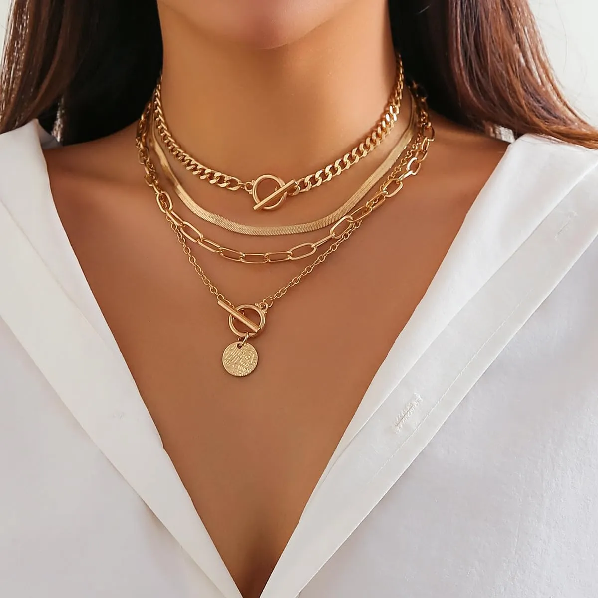 4pcs Layered Gold Necklaces Stack for Women Retro Coin Stars Medallion Pendant Necklaces Herringbone Paperclip Chain Necklace Dainty Cuban Chain Toggle Clasp Chunky Gold Necklace for Girls Jewelry Birthday Gifts