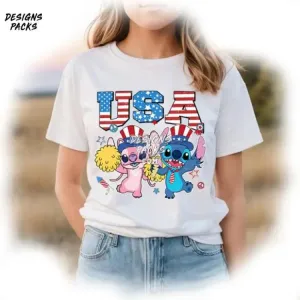 4th of July Stitch Angel Couple Cartoon Stitch and Angel 4th Of July PNG Design