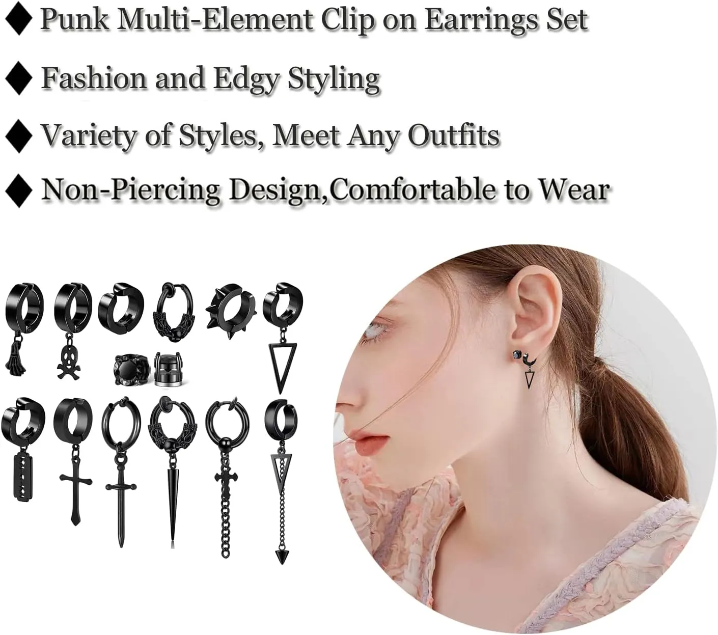 5 Pairs Black Stainless Steel Non-Piercing Spike Rivet Cross Dangle Tassel Clip on Hoop Earrings Set for Women Men Boy Girl, Non Pierced Fake Ear Clip Stud Earrings
