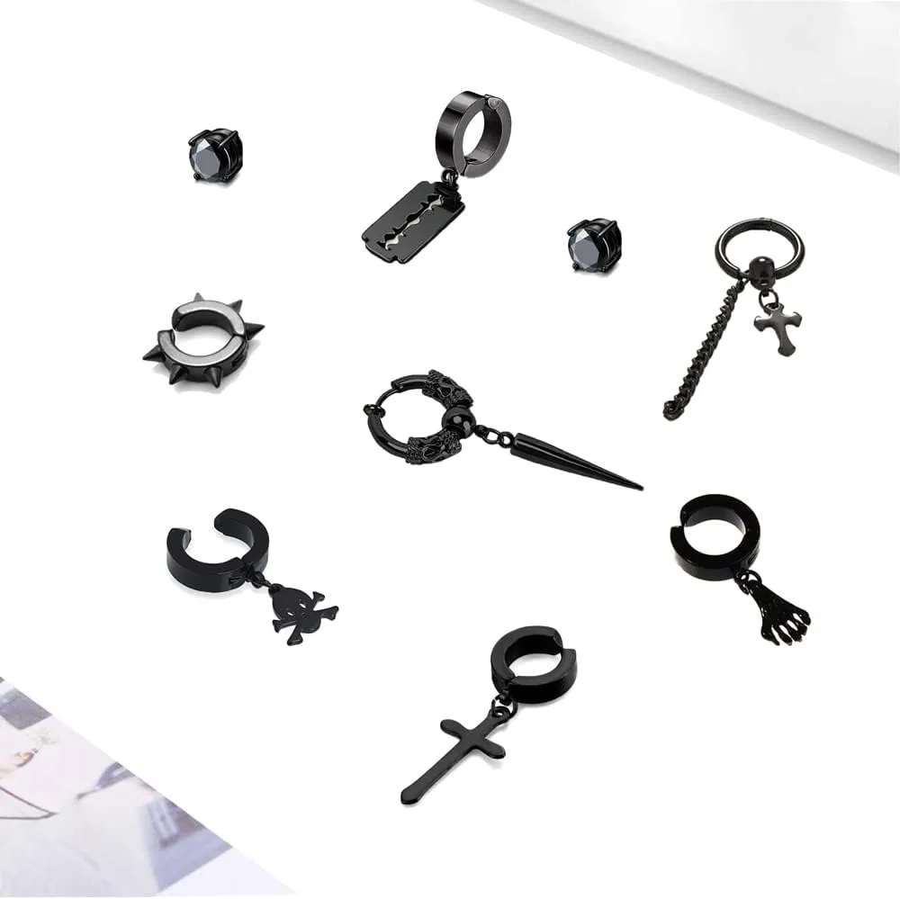 5 Pairs Black Stainless Steel Non-Piercing Spike Rivet Cross Dangle Tassel Clip on Hoop Earrings Set for Women Men Boy Girl, Non Pierced Fake Ear Clip Stud Earrings