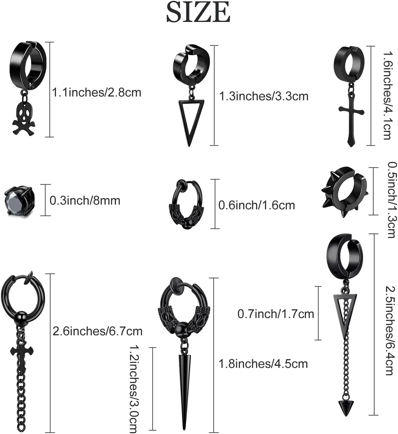 5 Pairs Black Stainless Steel Non-Piercing Spike Rivet Cross Dangle Tassel Clip on Hoop Earrings Set for Women Men Boy Girl, Non Pierced Fake Ear Clip Stud Earrings