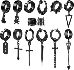 5 Pairs Black Stainless Steel Non-Piercing Spike Rivet Cross Dangle Tassel Clip on Hoop Earrings Set for Women Men Boy Girl, Non Pierced Fake Ear Clip Stud Earrings