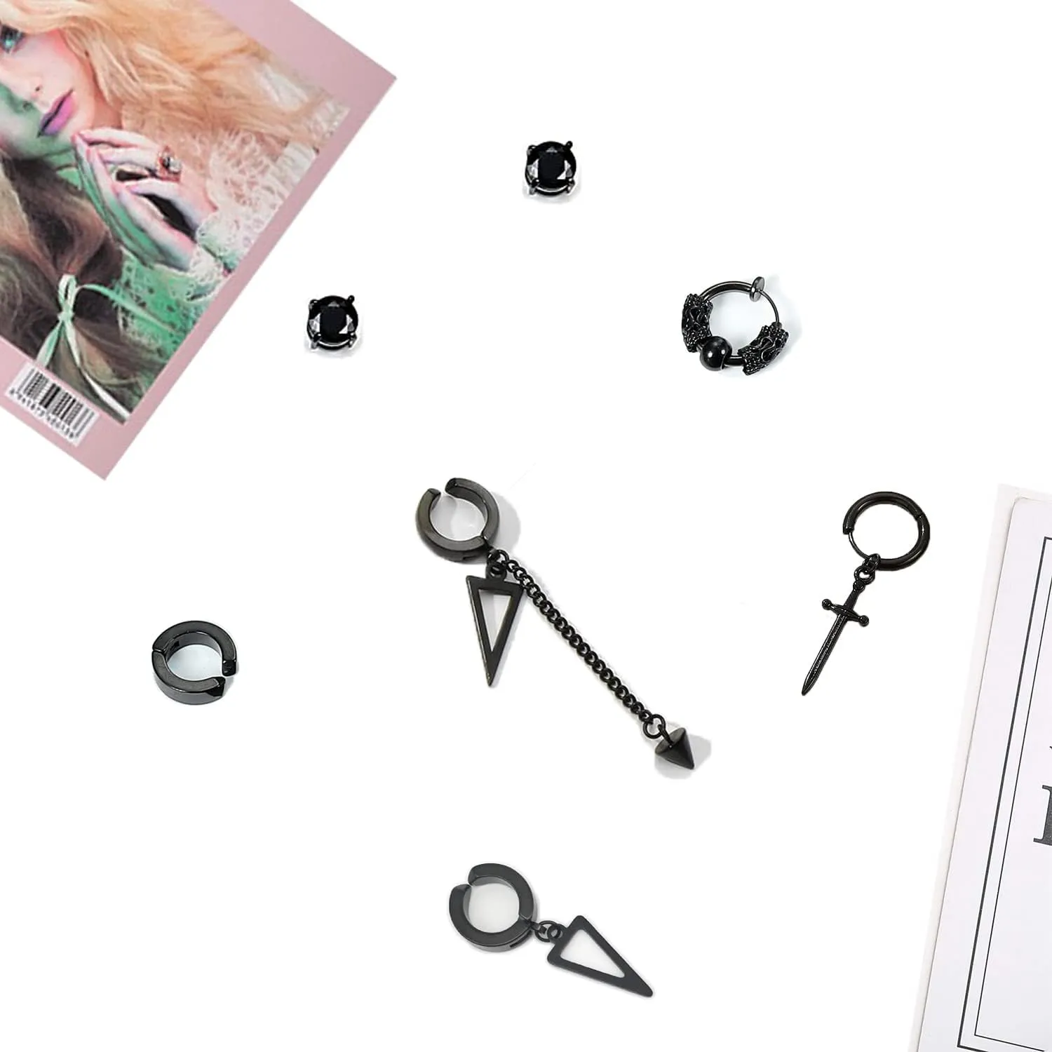 5 Pairs Black Stainless Steel Non-Piercing Spike Rivet Cross Dangle Tassel Clip on Hoop Earrings Set for Women Men Boy Girl, Non Pierced Fake Ear Clip Stud Earrings