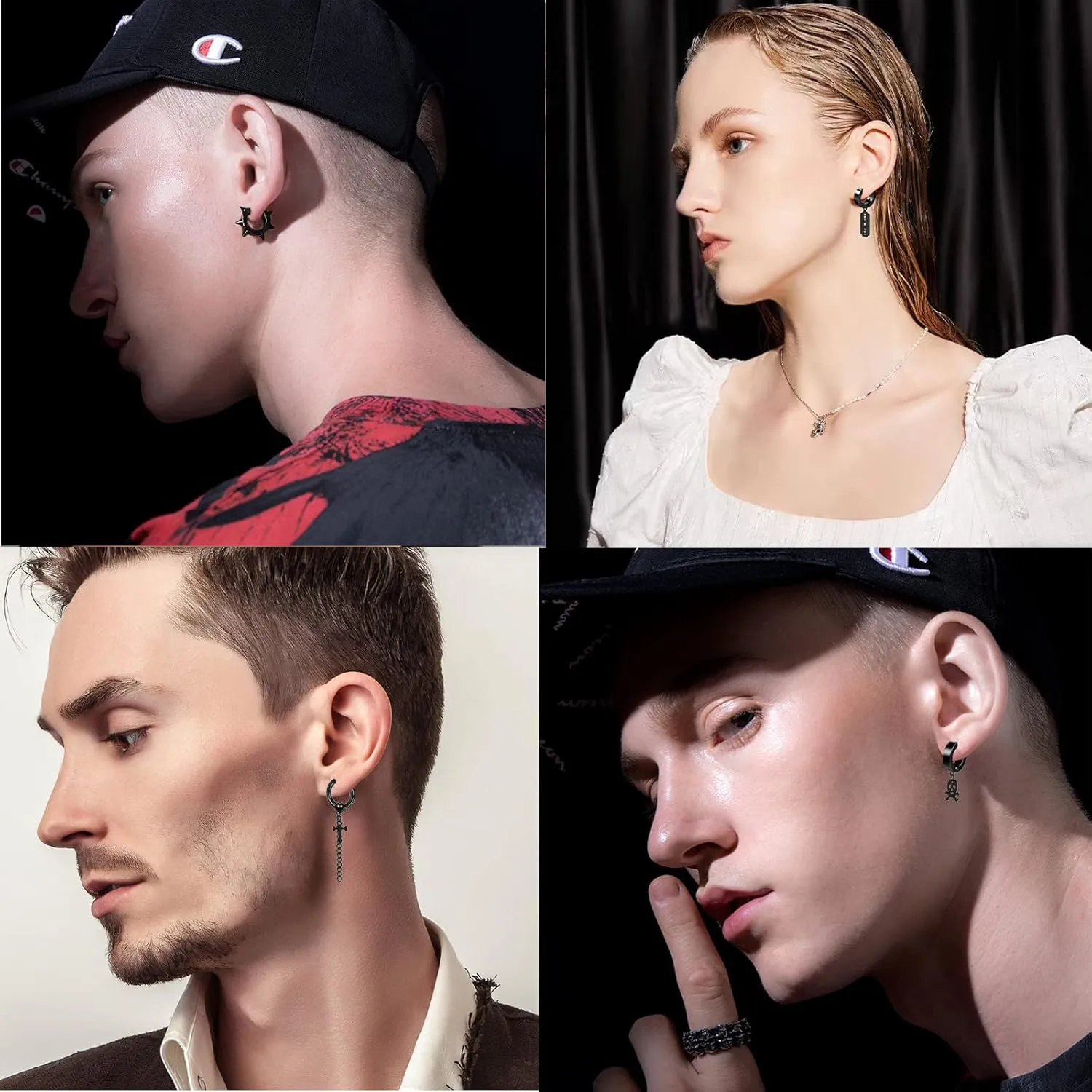 5 Pairs Black Stainless Steel Non-Piercing Spike Rivet Cross Dangle Tassel Clip on Hoop Earrings Set for Women Men Boy Girl, Non Pierced Fake Ear Clip Stud Earrings