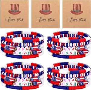50 Pcs 4th of July Patriotic Bracelets Set with 25 Cards 25 Red White and Blue USA Love Bohemian Beaded Stretch Bracelets for Memorial Day Fourth of July Independence Day Patriotic Women Men
