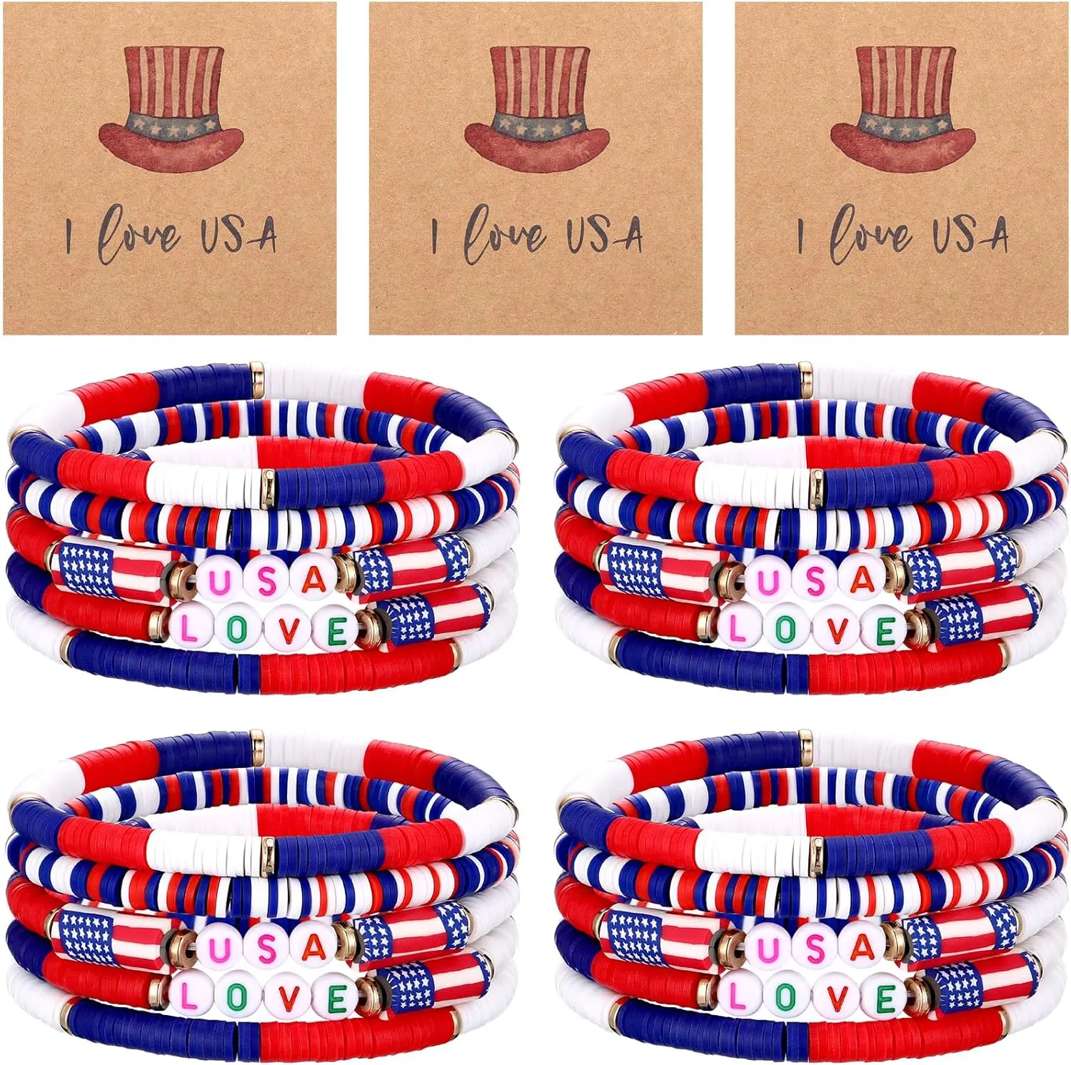 50 Pcs 4th of July Patriotic Bracelets Set with 25 Cards 25 Red White and Blue USA Love Bohemian Beaded Stretch Bracelets for Memorial Day Fourth of July Independence Day Patriotic Women Men