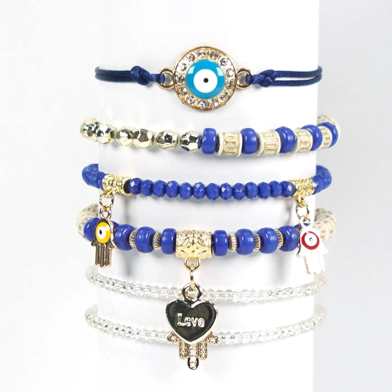 5Pcs/Set Bohemian Stretch Beaded Bracelets Multi Layer Evil Eye Hand Bracelet Bohemian Stretch Stackable Handmade Multi Color Lucky Beads Bracelets