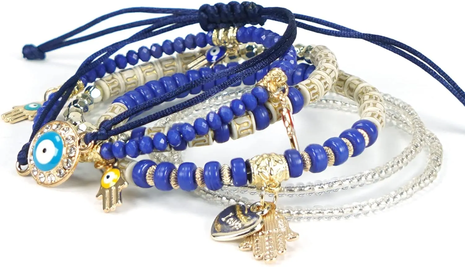 5Pcs/Set Bohemian Stretch Beaded Bracelets Multi Layer Evil Eye Hand Bracelet Bohemian Stretch Stackable Handmade Multi Color Lucky Beads Bracelets