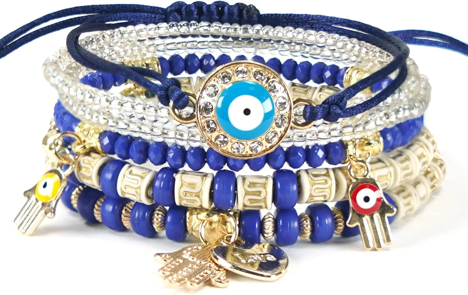 5Pcs/Set Bohemian Stretch Beaded Bracelets Multi Layer Evil Eye Hand Bracelet Bohemian Stretch Stackable Handmade Multi Color Lucky Beads Bracelets