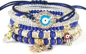 5Pcs/Set Bohemian Stretch Beaded Bracelets Multi Layer Evil Eye Hand Bracelet Bohemian Stretch Stackable Handmade Multi Color Lucky Beads Bracelets
