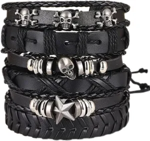 6 Pcs Mens Leather Bracelet Black Braided Rope Bracelet Skull Wrap Cuff Cord Rock Jewelry Adjustable Bracelets