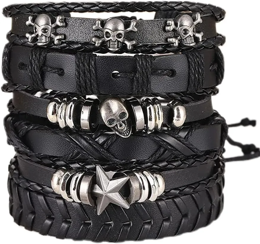 6 Pcs Mens Leather Bracelet Black Braided Rope Bracelet Skull Wrap Cuff Cord Rock Jewelry Adjustable Bracelets