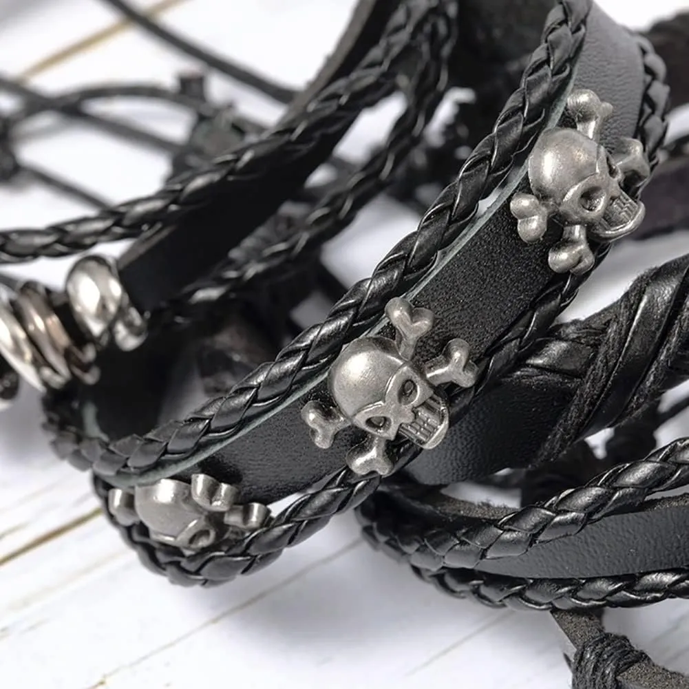 6 Pcs Mens Leather Bracelet Black Braided Rope Bracelet Skull Wrap Cuff Cord Rock Jewelry Adjustable Bracelets