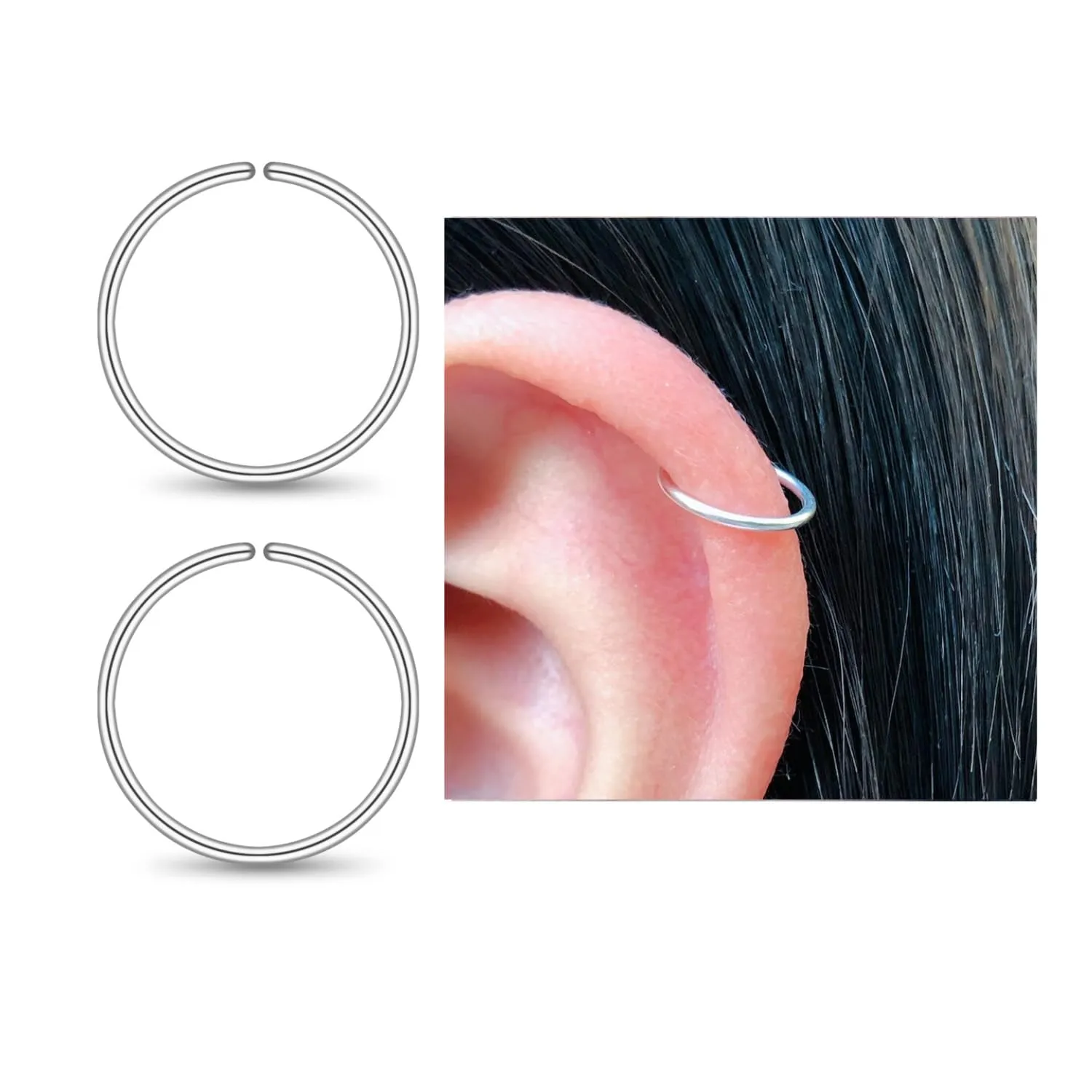 6mm Cartilage Earring Hoop Sterling Silver, Tiny Thin Helix Hoop Earrings, Tragus Piercing Jewelry, Nose Rings Hoops 20G, Upper Ear Rings