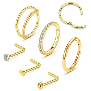 6PCS 20G Nose Rings Nose Studs Set - 316L Surgical Steel Double Hoop Nose Rings Hoop L Shape Nose Studs with CZ 2mm Studs Screw Hinged Septum Piercing Jewelry for Women Men (Gold, 8mm)